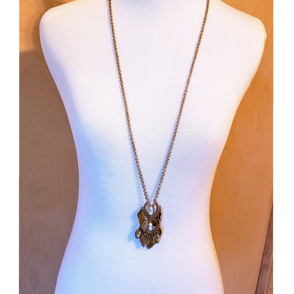 NECKLACE Long Gold Colored With White/Gray Bead Accent